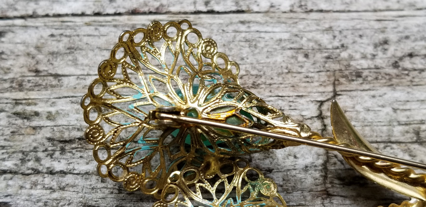Vintage Glass Filigree Flower Brooch