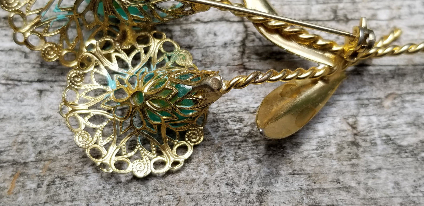 Vintage Glass Filigree Flower Brooch