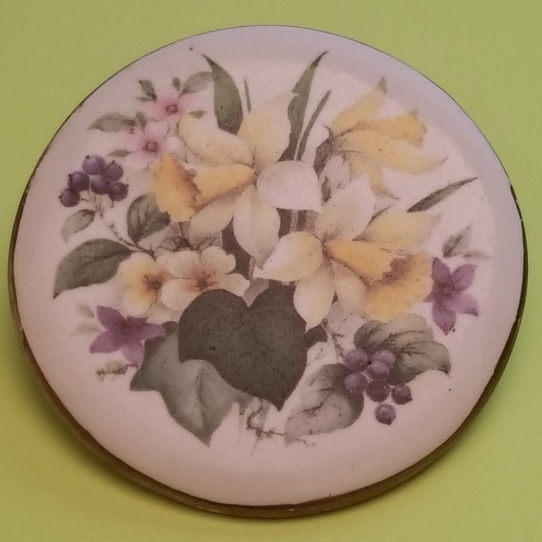 Vintage Ceramic Transferware Flower Design Brooch
