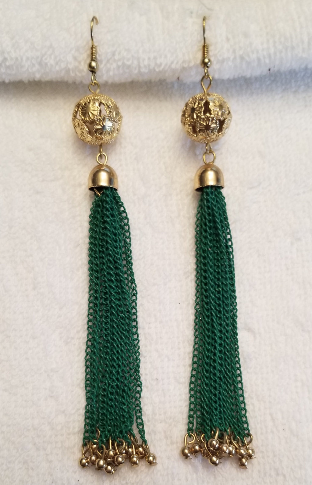 Green & Gold Chain Fringe Earrings