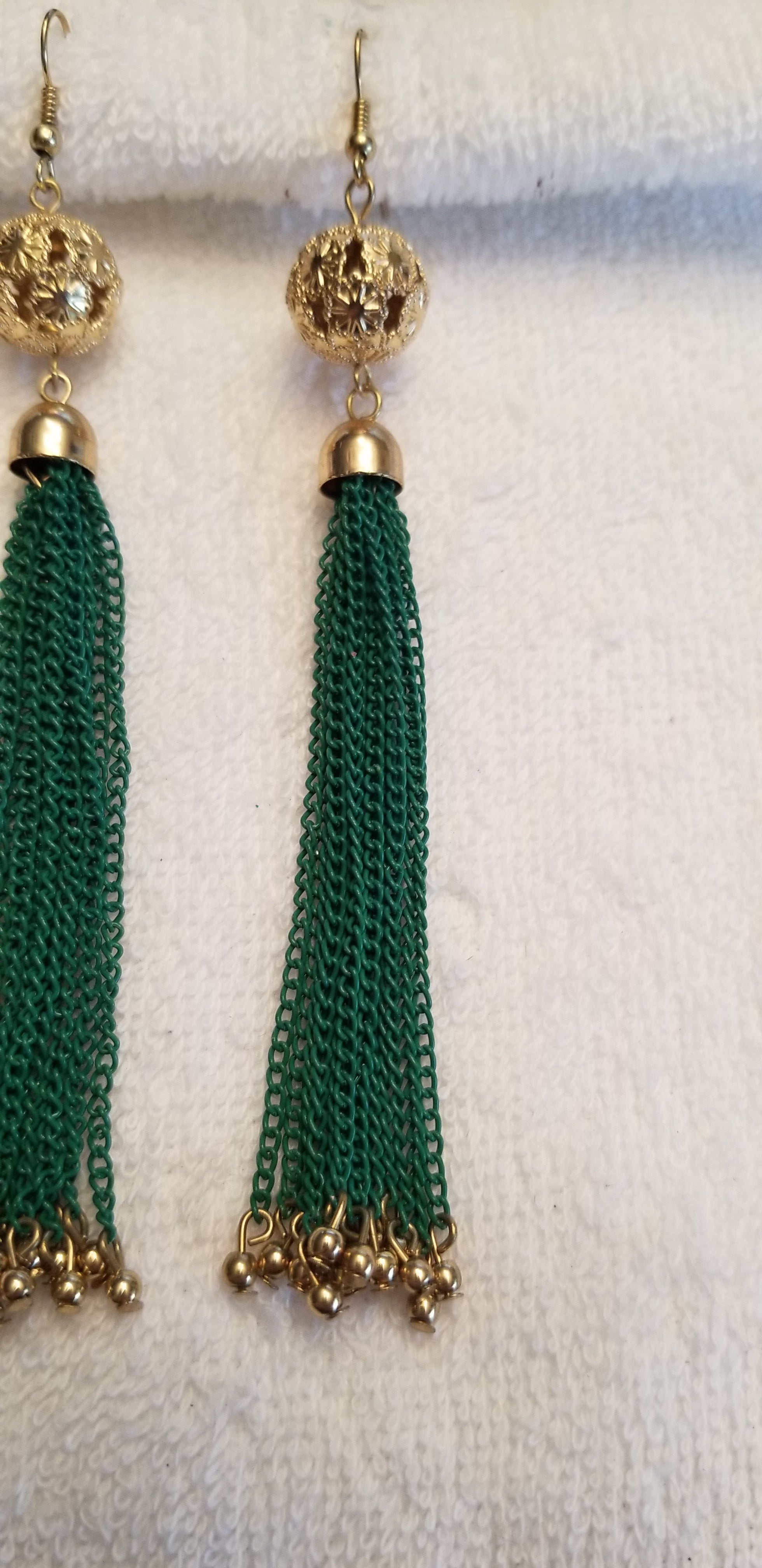 Green & Gold Chain Fringe Earrings