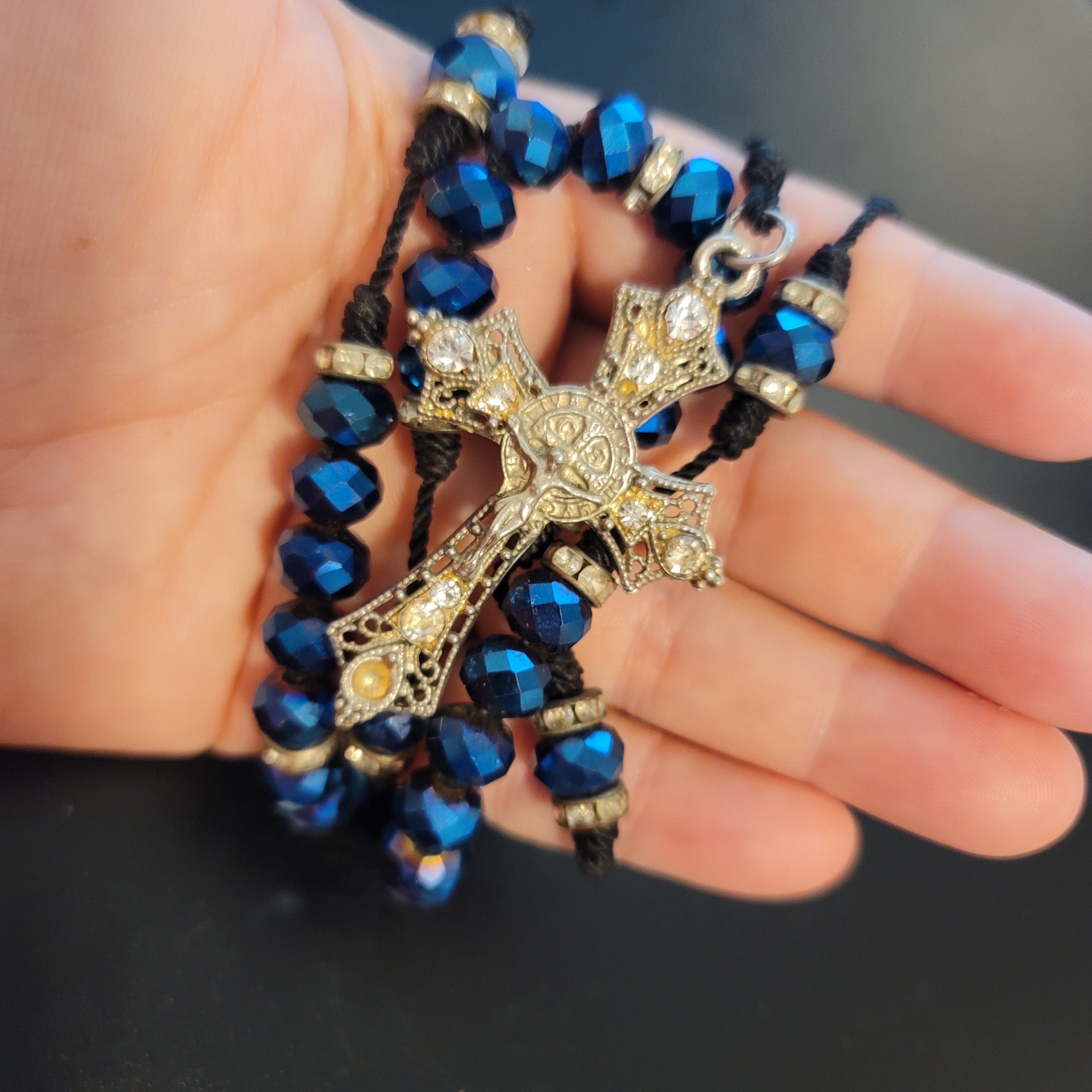 Blue Bead Rosary Cross Necklace