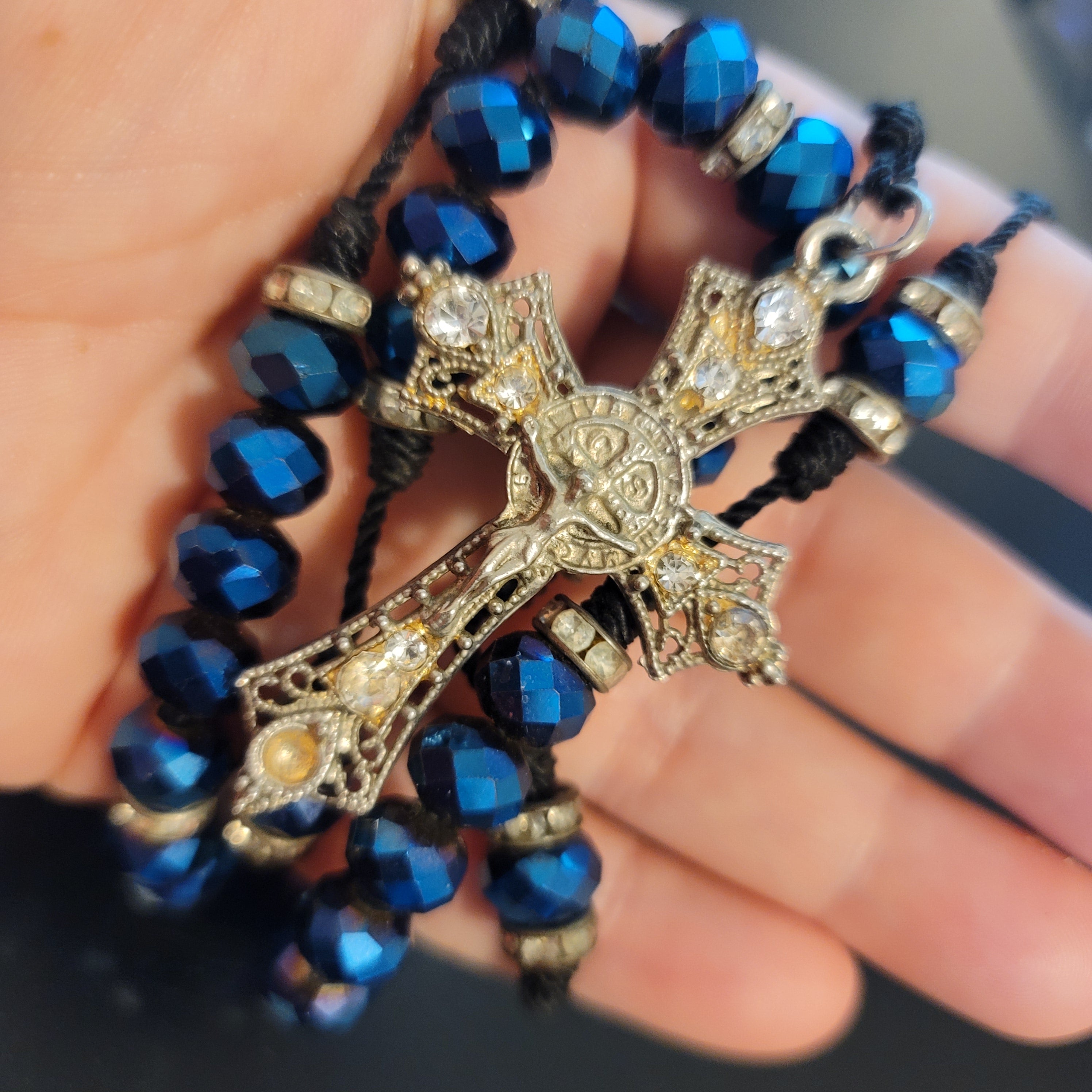Blue Bead Rosary Cross Necklace