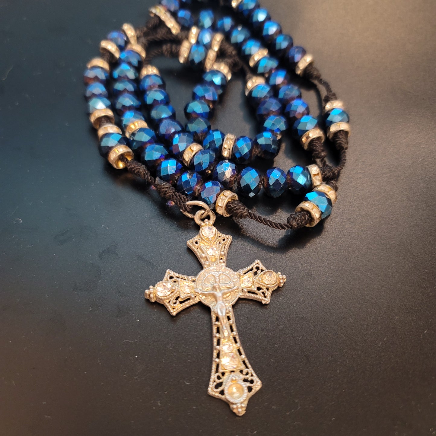 Blue Bead Rosary Cross Necklace
