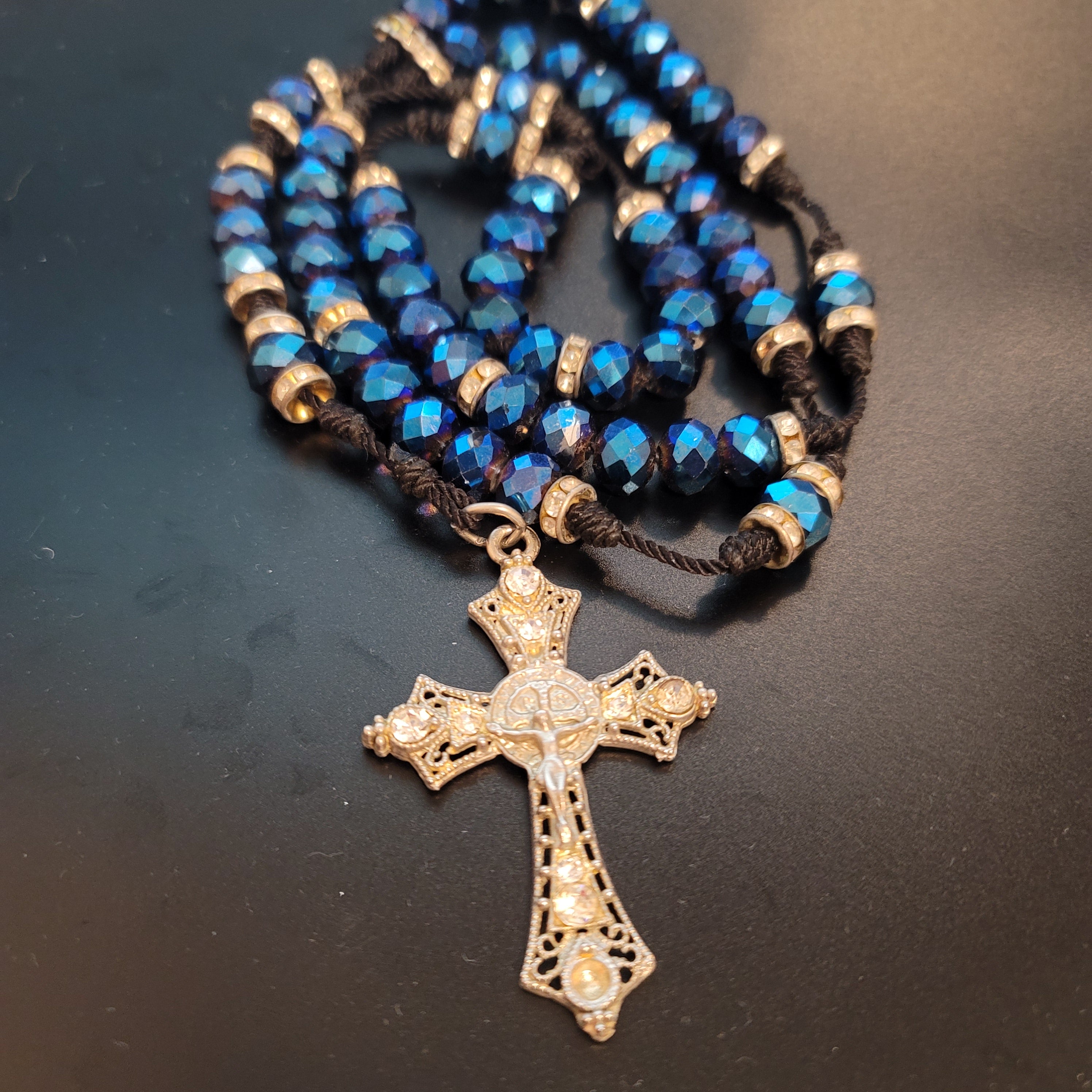 Blue Bead Rosary Cross Necklace