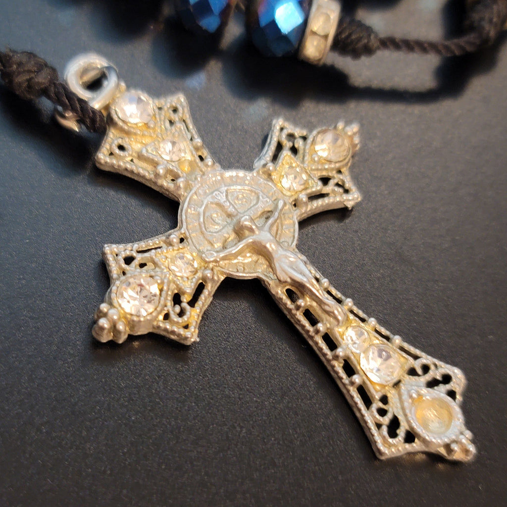 Blue Bead Rosary Cross Necklace