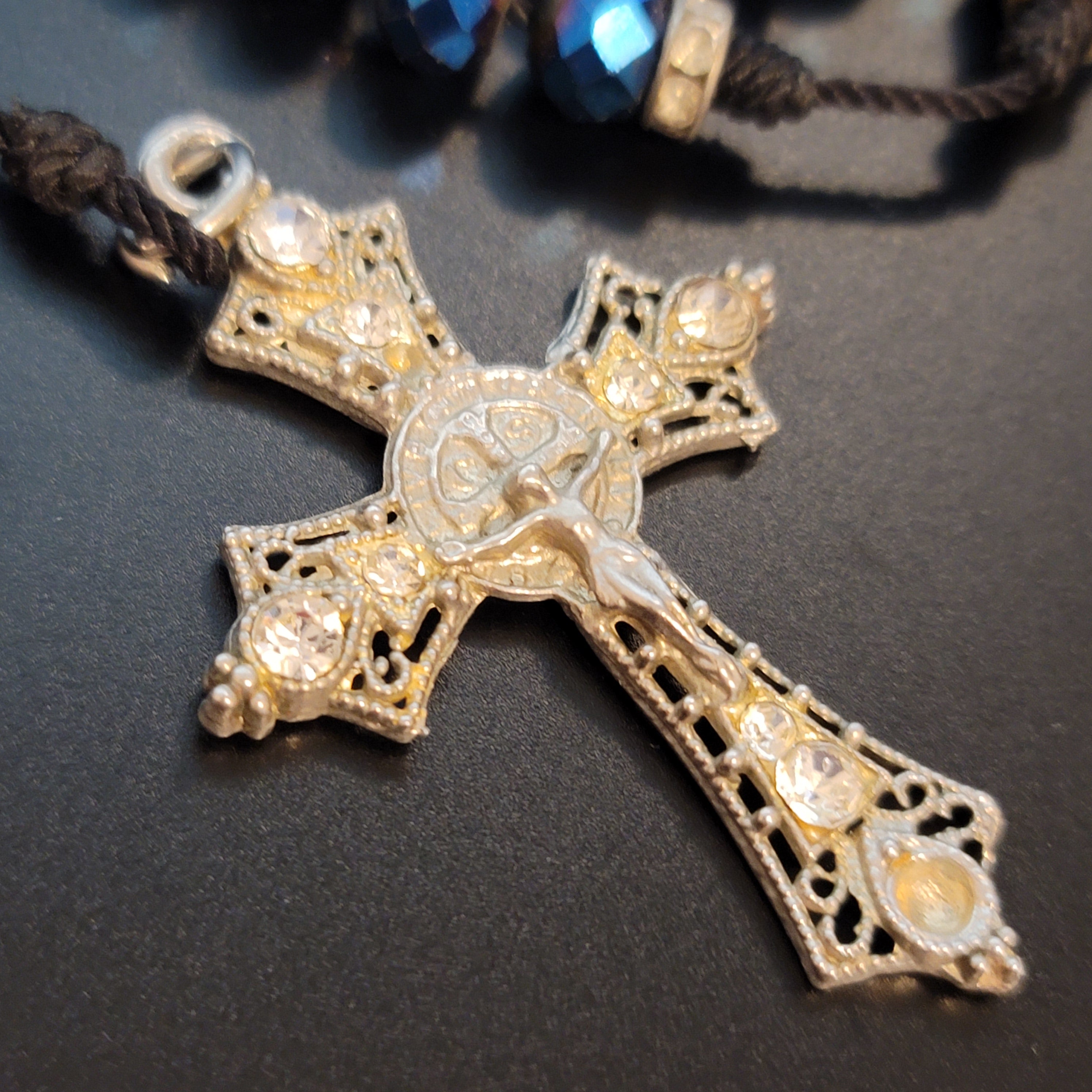 Blue Bead Rosary Cross Necklace