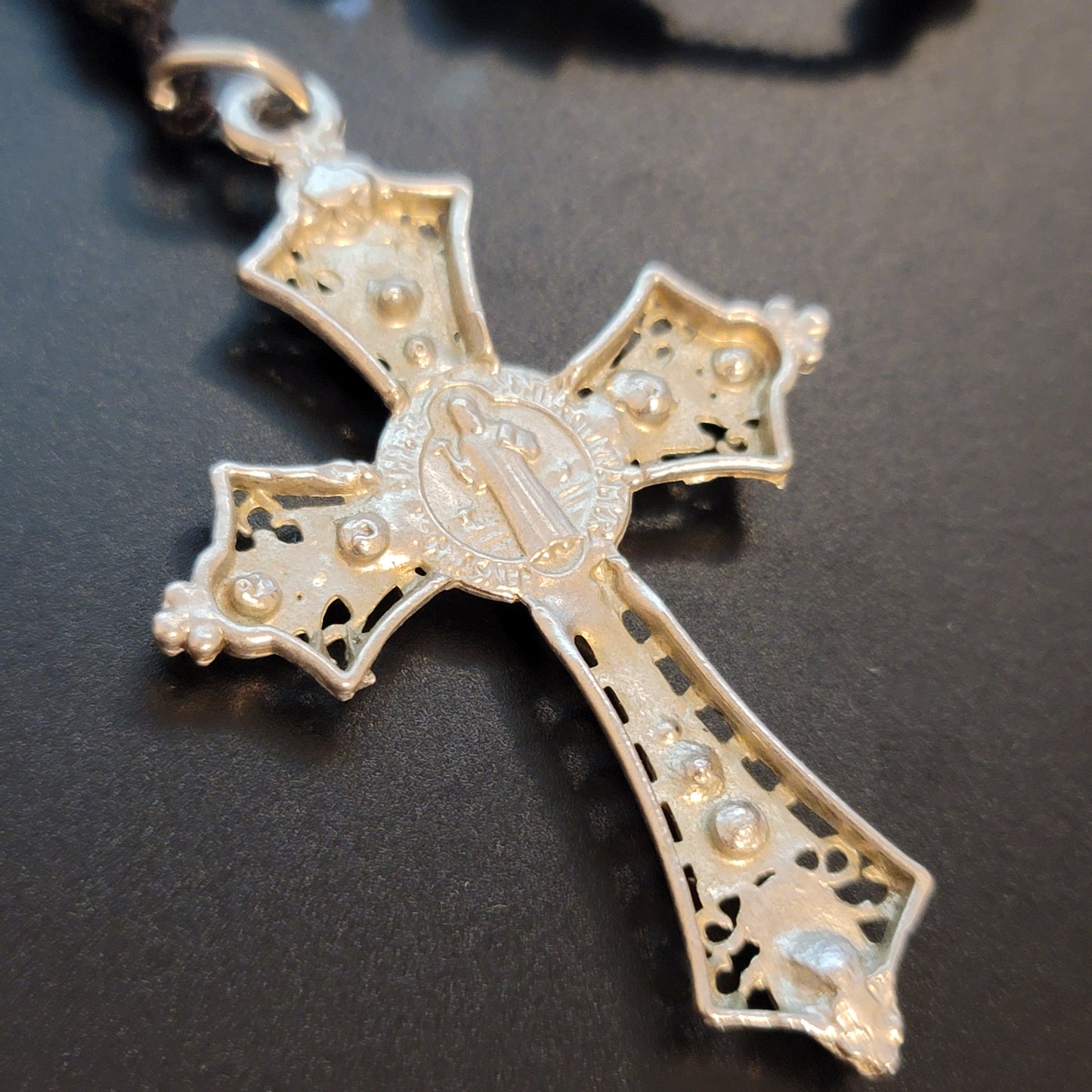 Blue Bead Rosary Cross Necklace