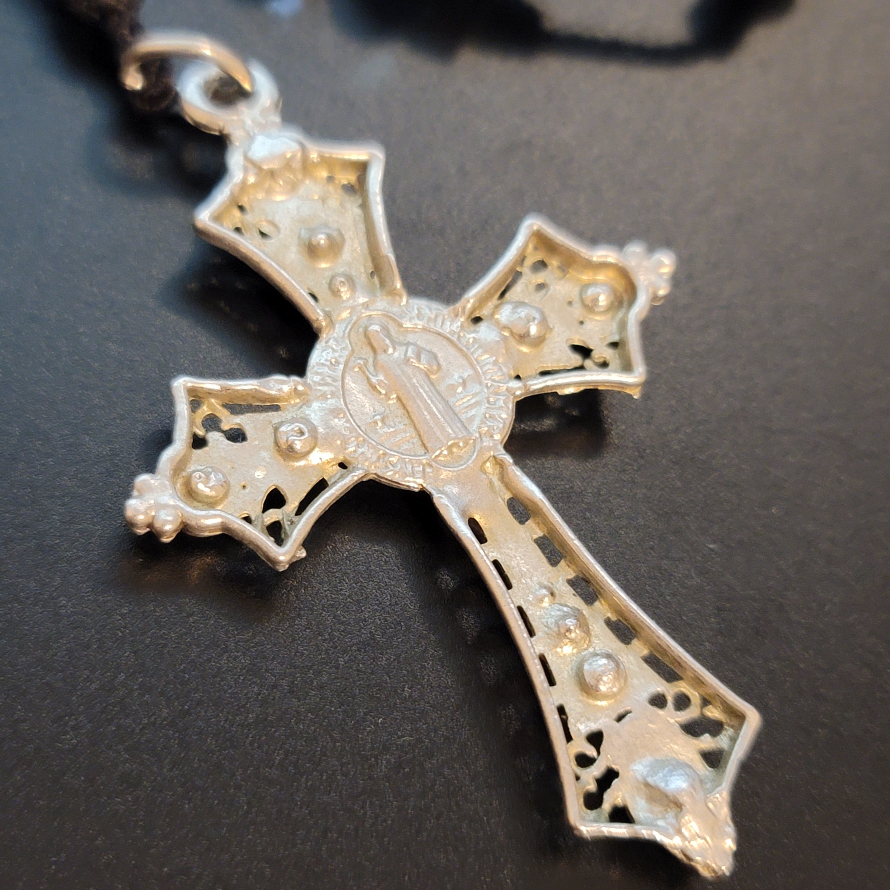 Blue Bead Rosary Cross Necklace