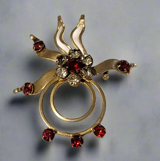 Vintage Brooch Sun Moon Red Rhinestones Celestial