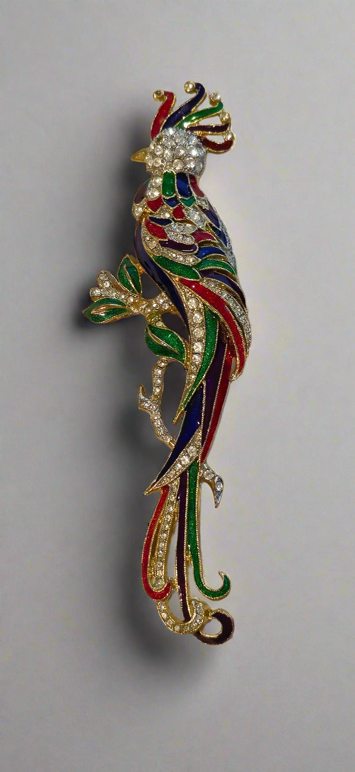Gold Tone Enamel Rhinestone Bird Brooch