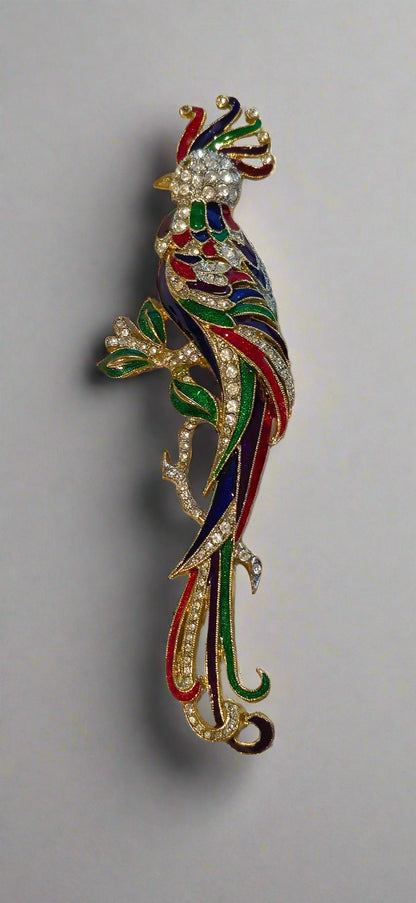 Gold Tone Enamel Rhinestone Bird Brooch