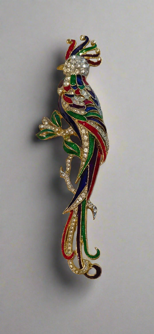 Gold Tone Enamel Rhinestone Bird Brooch
