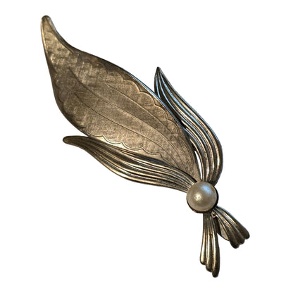 Vintage Silver Tone Leaf Brooch with Faux Pearl Accent Mid-Century Jewelry