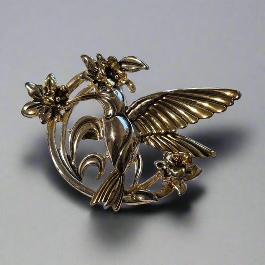 Vintage Hummingbird Brooch – Silver &amp; Gold-Tone Floral Design