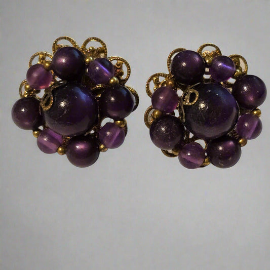Vintage Purple Cluster Earrings – Beaded Clip-On Style