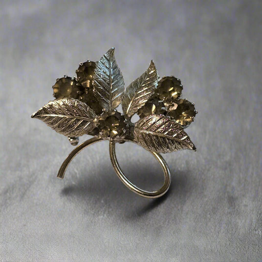 Vintage Silver-Tone Leaf Brooch with Rhinestone Accents
