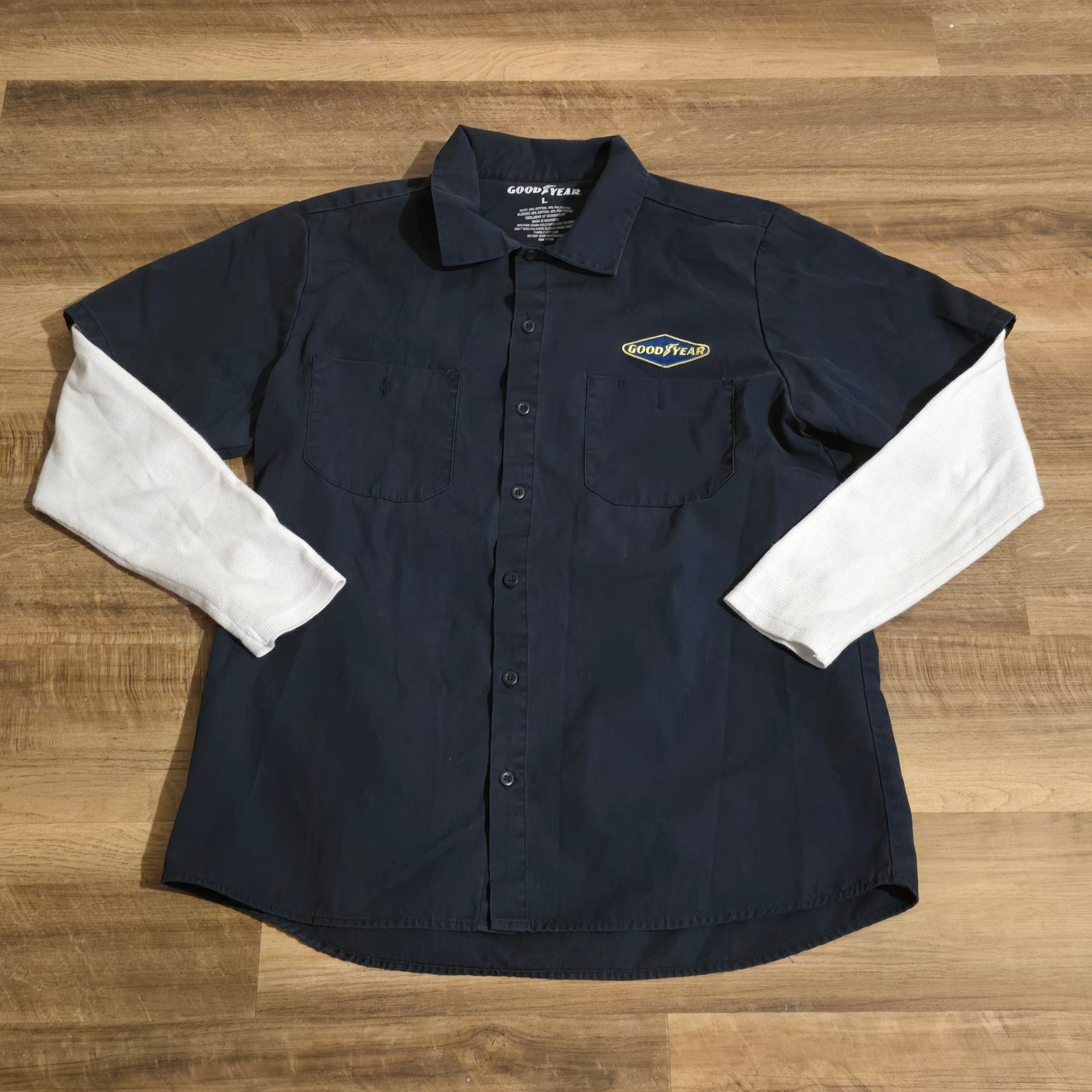 Goodyear Racing Work Shirt – Navy Blue Button-Up with Double Sleeve Look