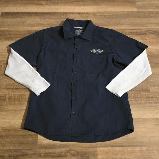 Goodyear Racing Work Shirt – Navy Blue Button-Up with Double Sleeve Look