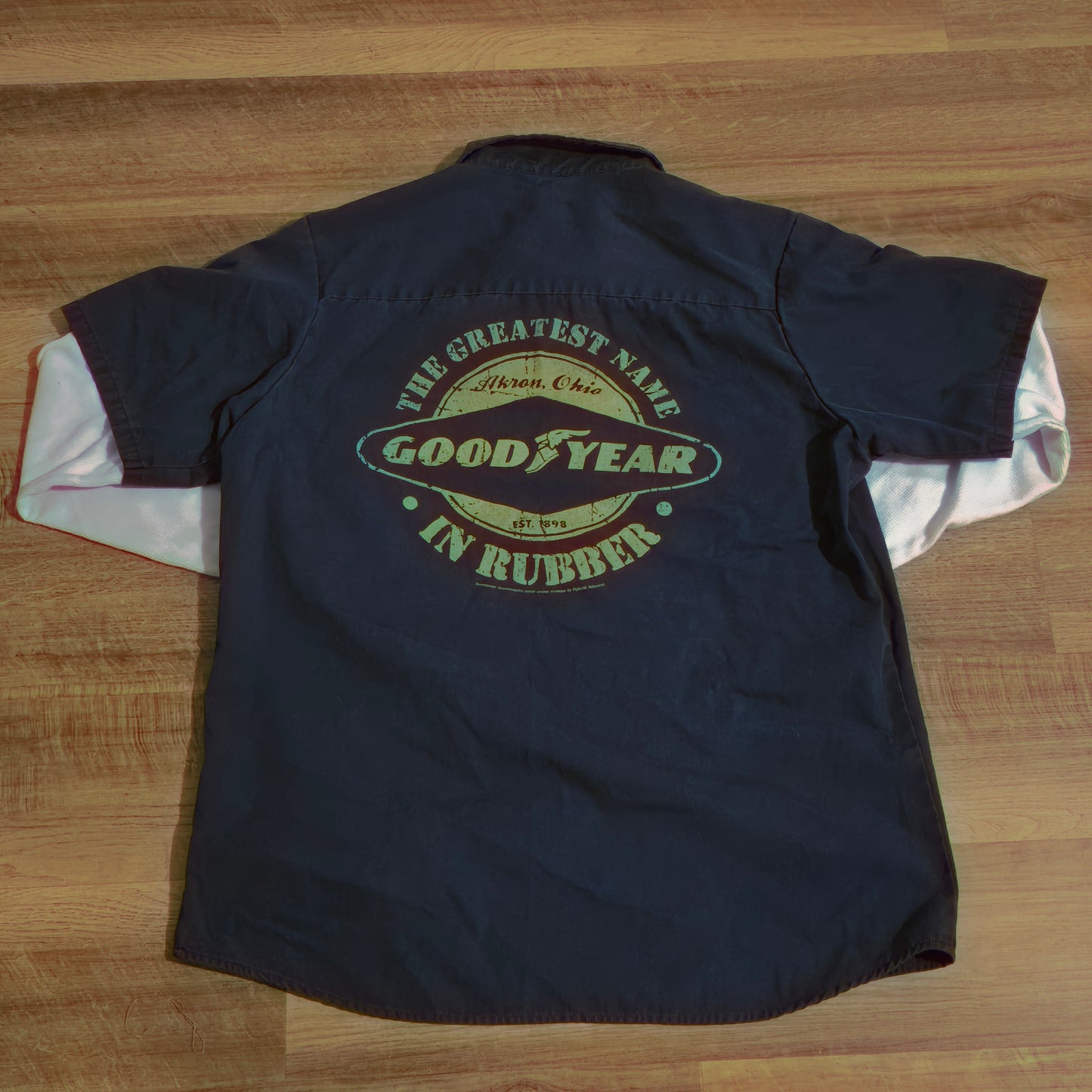 Goodyear Racing Work Shirt – Navy Blue Button-Up with Double Sleeve Look