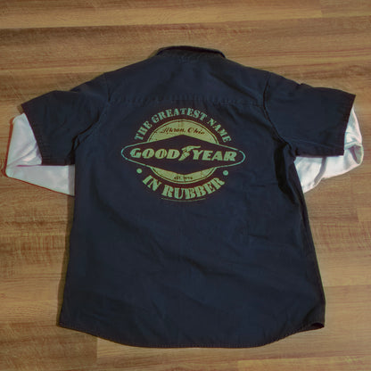 Goodyear Racing Work Shirt – Navy Blue Button-Up with Double Sleeve Look
