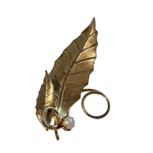Vintage Gold Tone Leaf Brooch with Faux Pearl Mid Century Elegant Pin