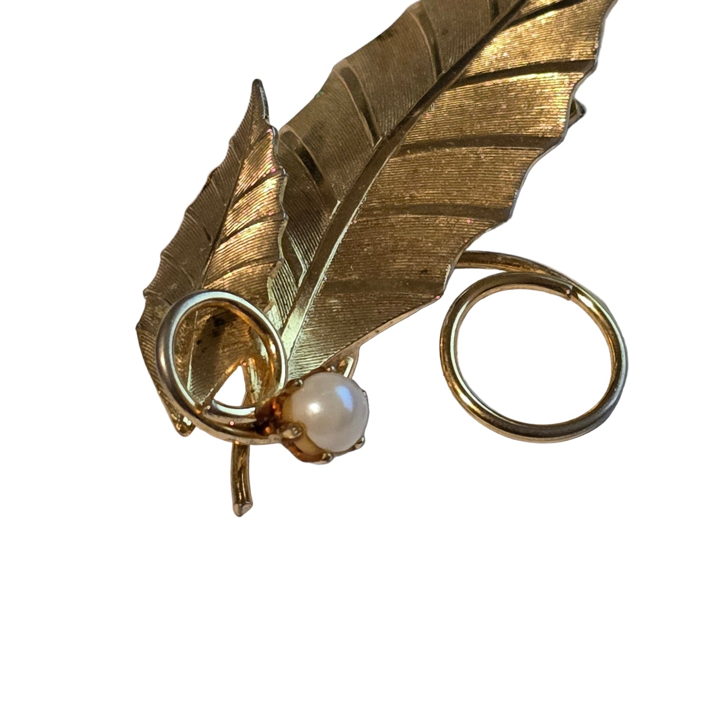 Vintage Gold Tone Leaf Brooch with Faux Pearl Mid Century Elegant Pin