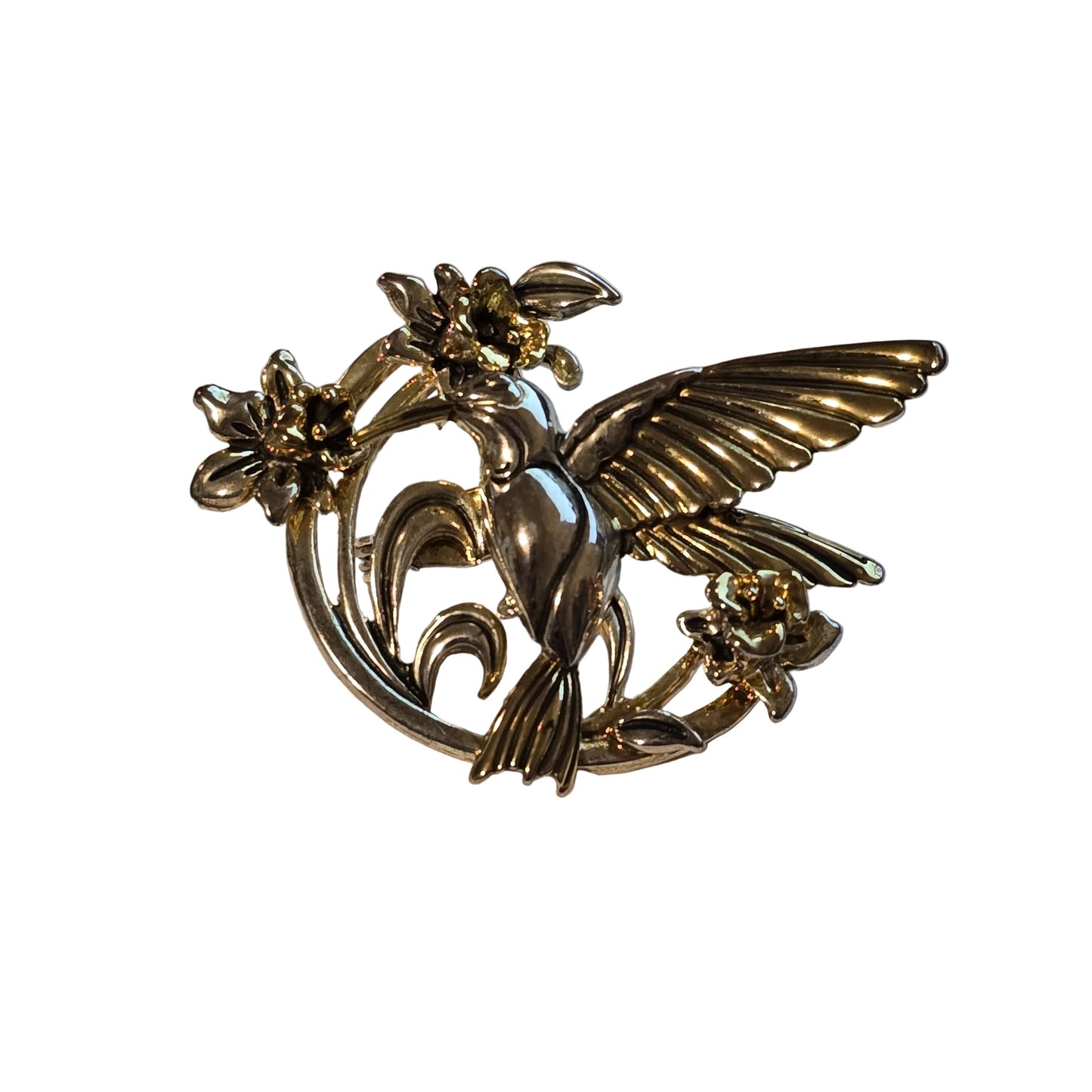 Vintage Hummingbird Brooch • Two-Tone Silver Gold Floral Pin • 1980s Style