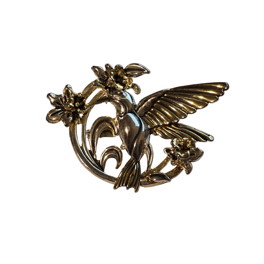 Vintage Hummingbird Brooch • Two-Tone Silver Gold Floral Pin • 1980s Style
