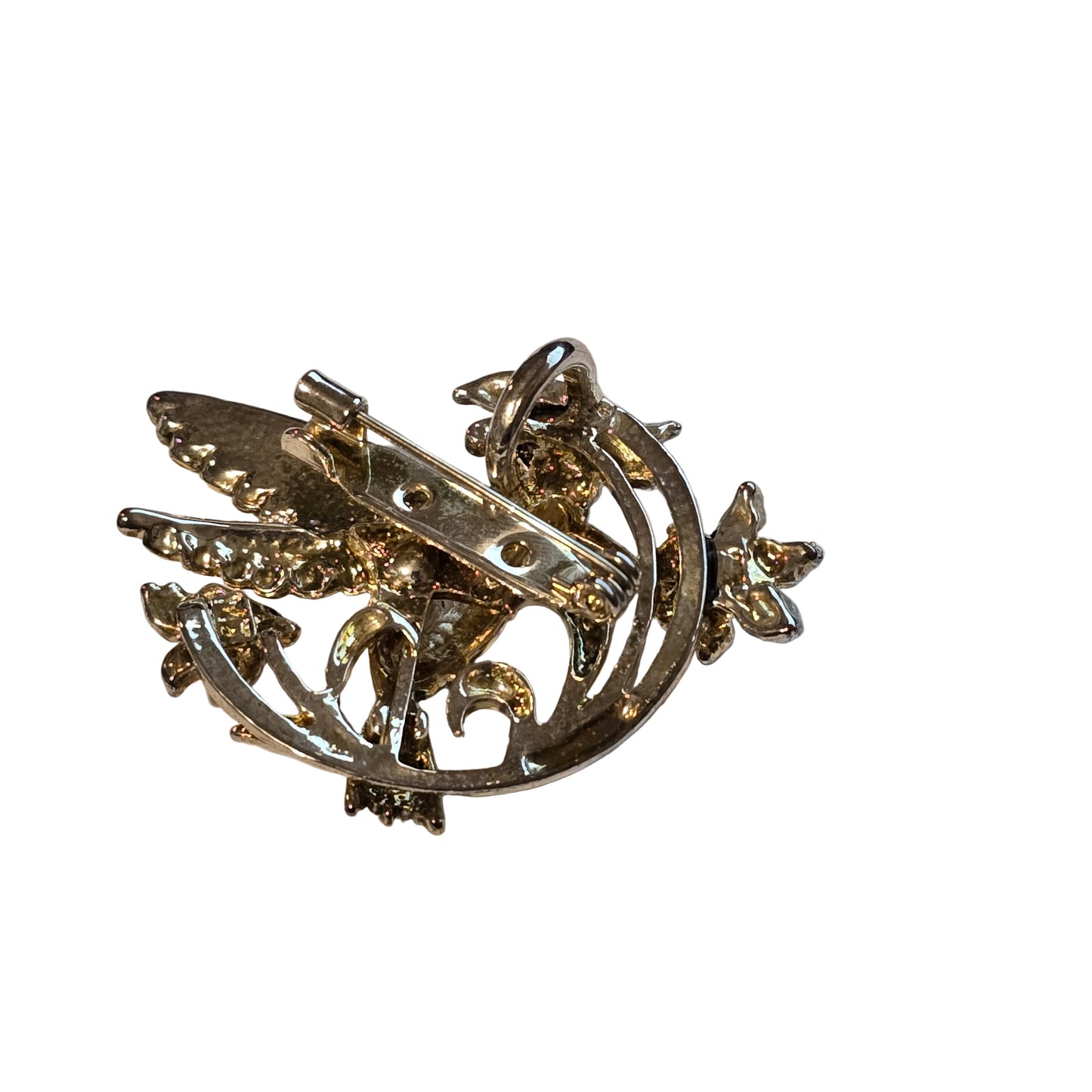 Vintage Hummingbird Brooch • Two-Tone Silver Gold Floral Pin • 1980s Style
