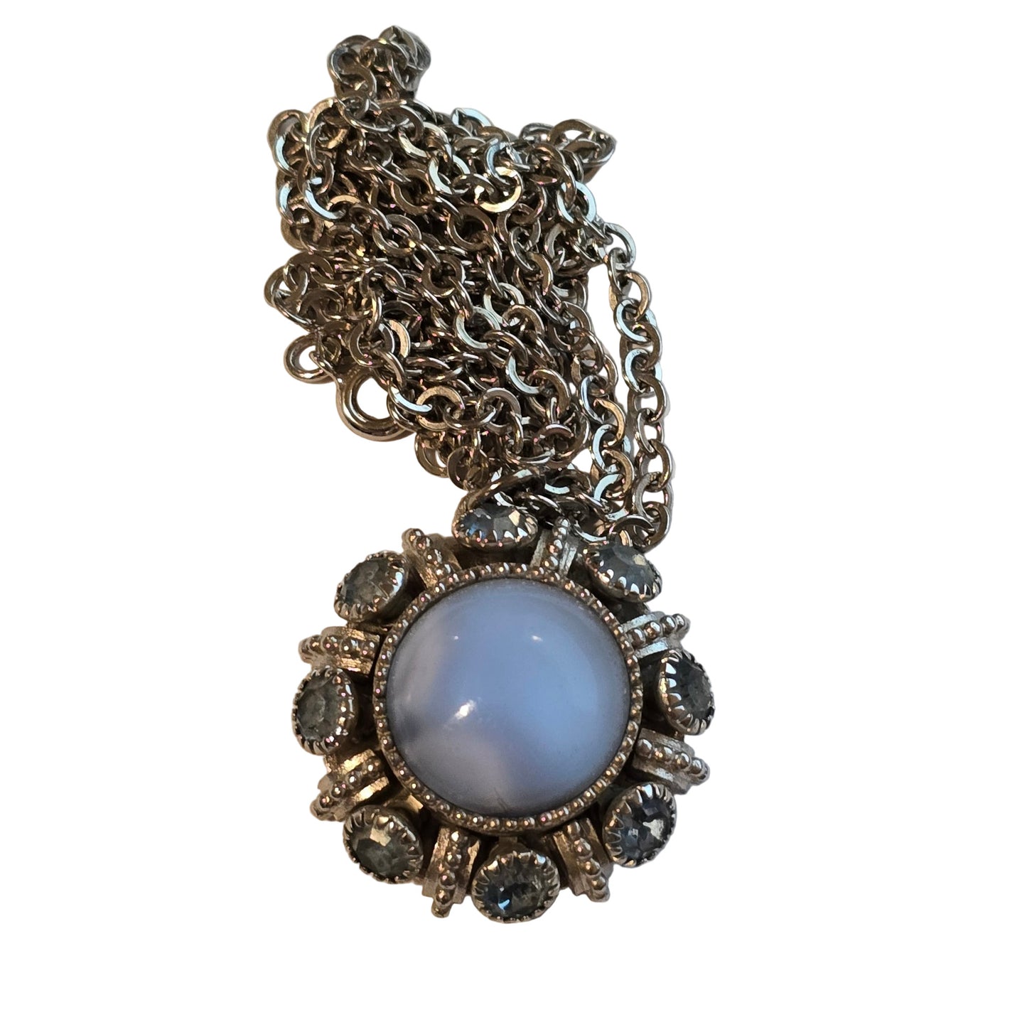 Vintage Avon Silver Tone Blue Glass Cabochon & Rhinestone Sunburst Pendant Necklace