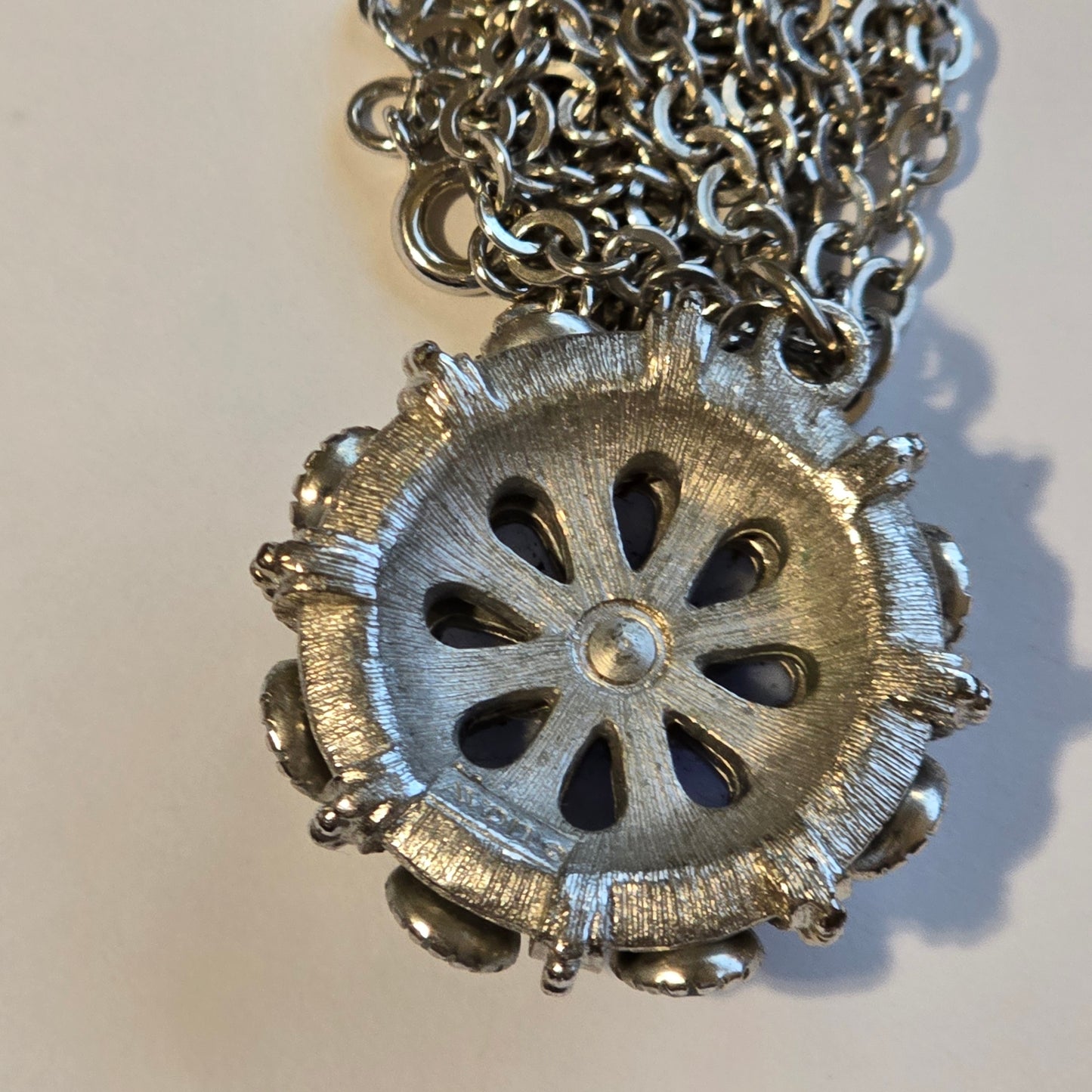 Vintage Avon Silver Tone Blue Glass Cabochon & Rhinestone Sunburst Pendant Necklace