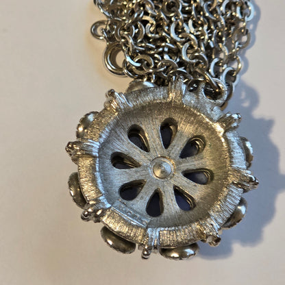 Vintage Avon Silver Tone Blue Glass Cabochon & Rhinestone Sunburst Pendant Necklace