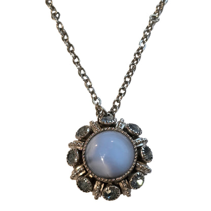 Vintage Avon Silver Tone Blue Glass Cabochon & Rhinestone Sunburst Pendant Necklace