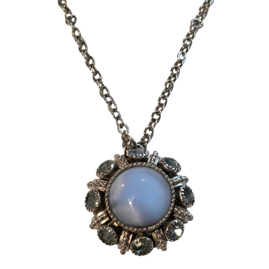 Vintage Avon Silver Tone Blue Glass Cabochon & Rhinestone Sunburst Pendant Necklace