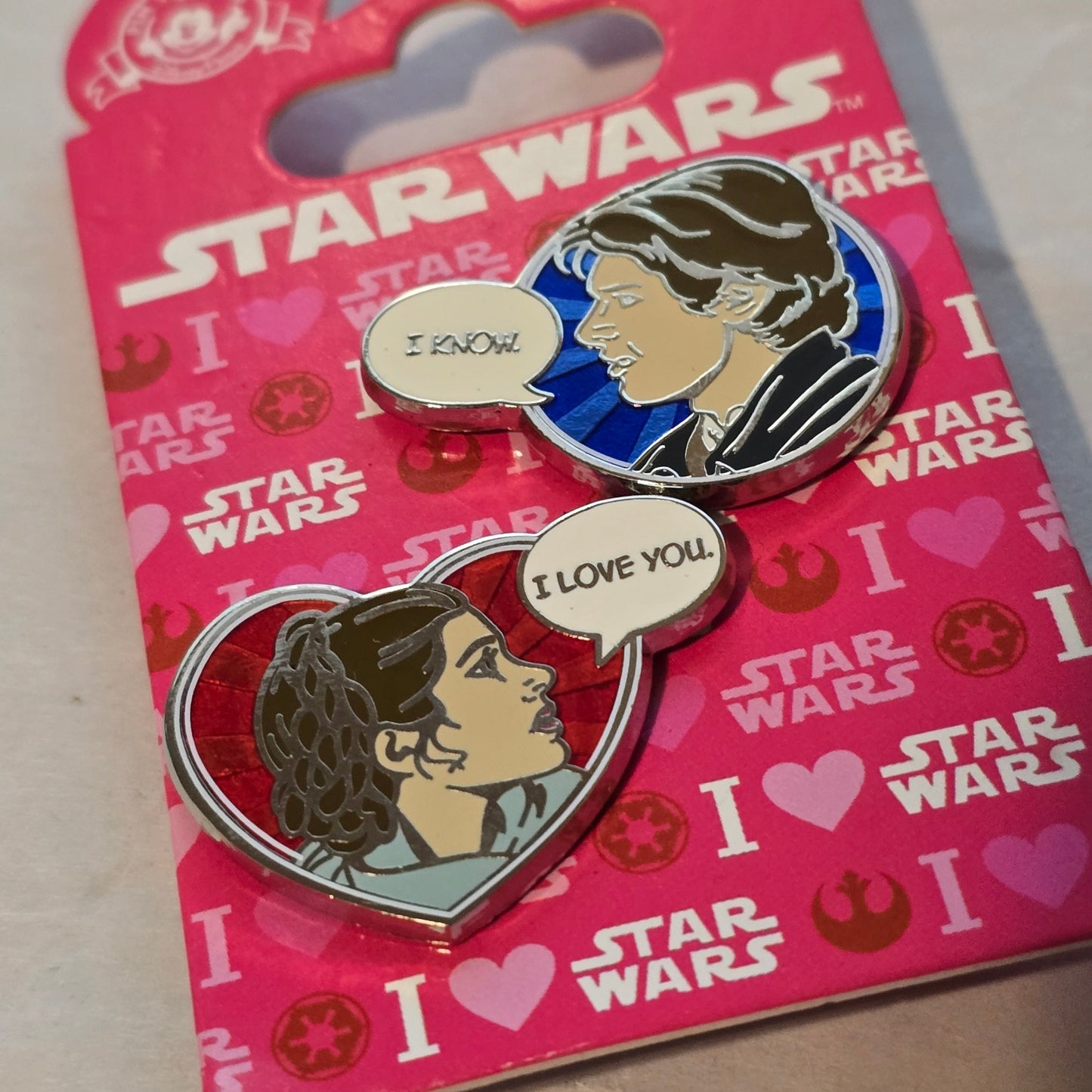 Disney Star Wars “I Love You / I Know” Leia & Han Pin Set – New on Card