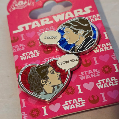 Disney Star Wars “I Love You / I Know” Leia & Han Pin Set – New on Card