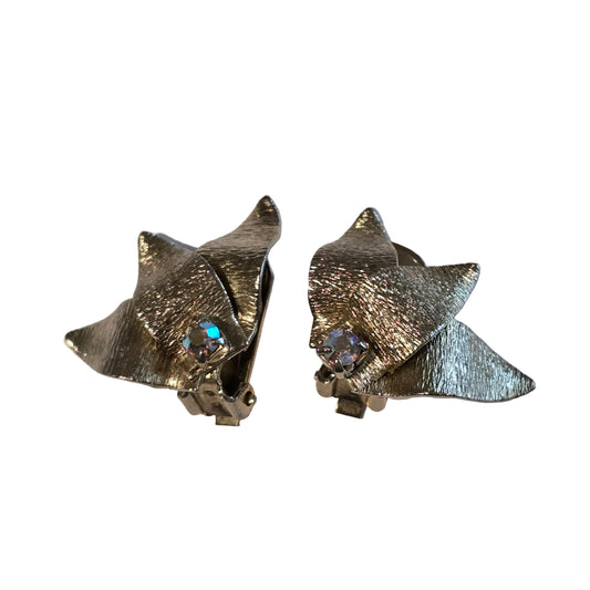 Vintage Silver Tone Leaf Clip-On Earrings w/ Rhinestones • Retro Costume