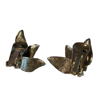 Vintage Silver Tone Leaf Clip-On Earrings w/ Rhinestones • Retro Costume