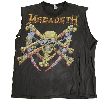 Black t-shirt with Megadeth graphic design on a wooden surface