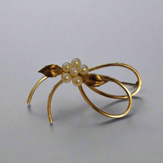 Vintage Krementz Bow Brooch – Gold Filled with Cultured Pearls