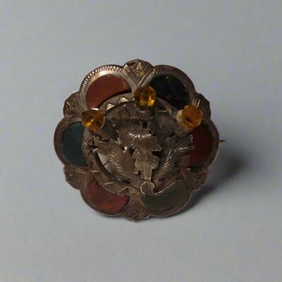 Antique Victorian Scottish Agate Cairngorm Thistle Brooch