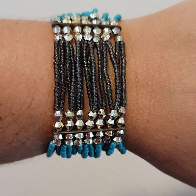 Black and Teal Beaded Stretch Bracelet