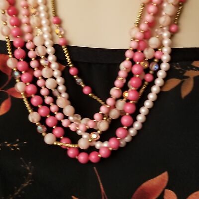 Vintage Pink 6 Strand Box Clasp Necklace