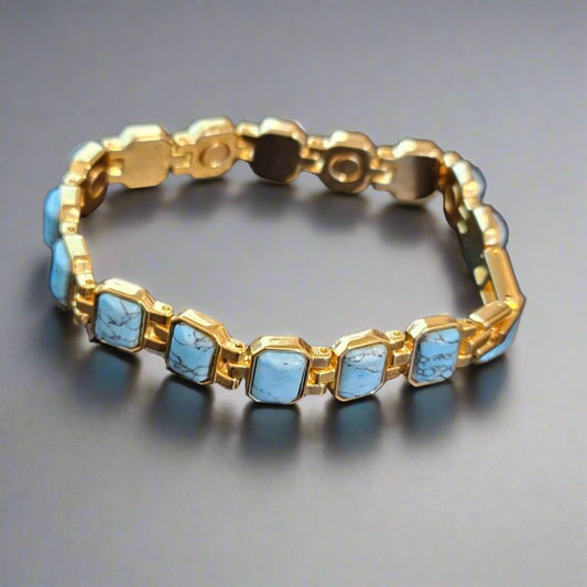 Gold Tone Magnetic Faux Turquoise Link Bracelet