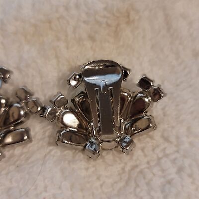 Vintage Silver Tone Rhinestone Clip On Earrings