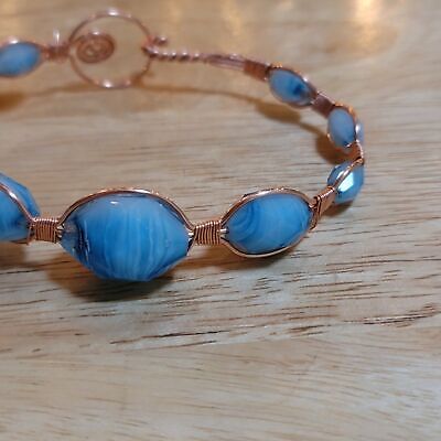 Handmade Baby Blue Glass Bead Copper Wire Bracelet (Upcycled Beads)