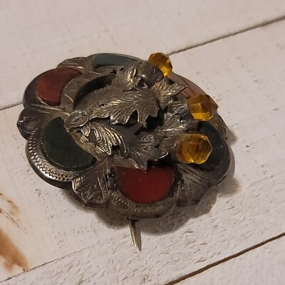 Antique Victorian Scottish Agate Cairngorm Thistle Brooch
