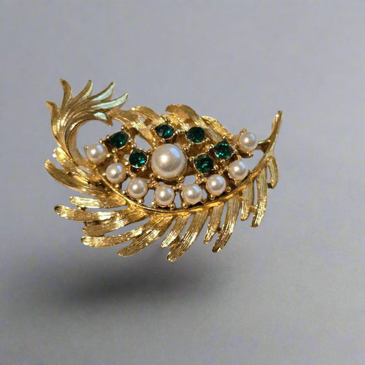 Vintage Rhinestone Feather Brooch