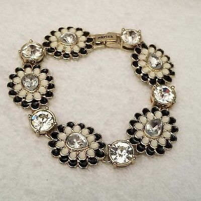 Gold Tone Flower Enamel Rhinestone Bracelet